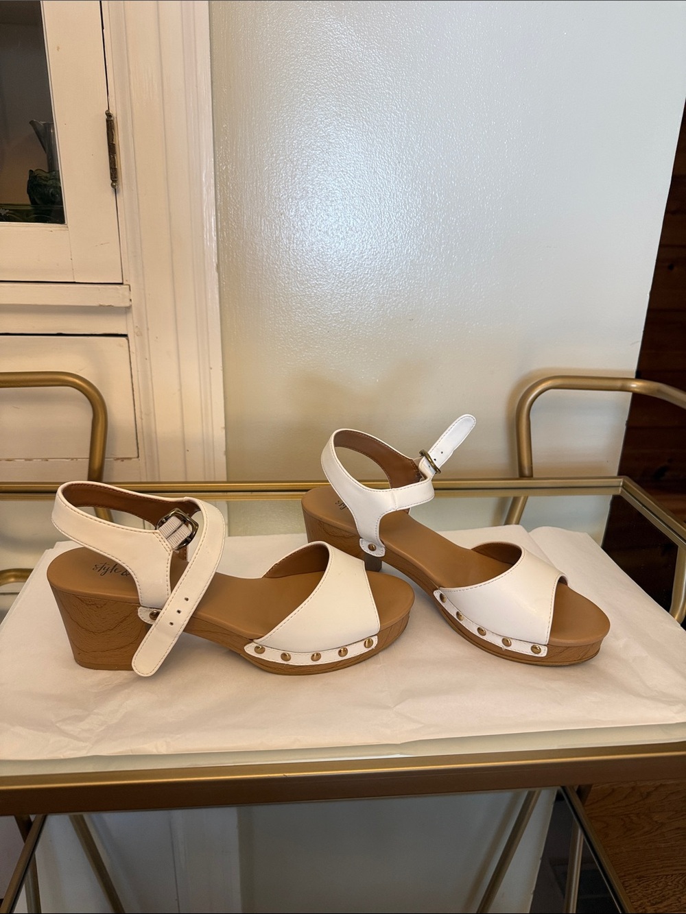 White Women’s Ankle-Strap Wedge/Thick Heel